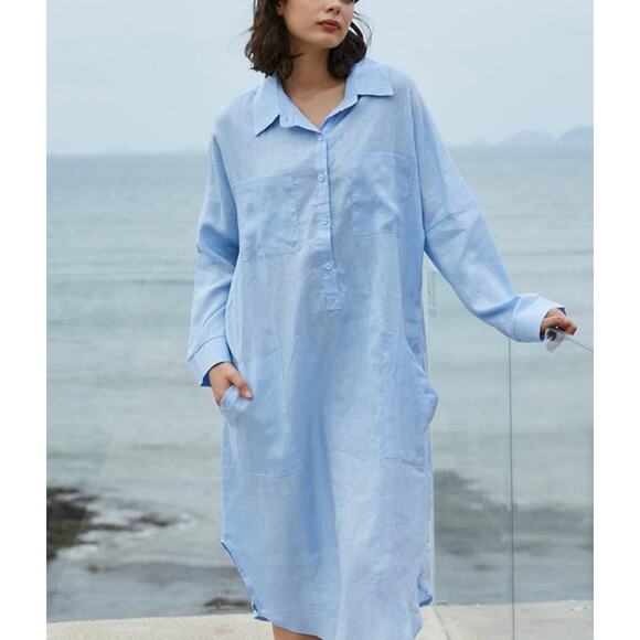Cozinen Long Sleeve Midi Shirt Dress Half Button Front Loose Fit Blue Womens XL - Picture 1 of 10